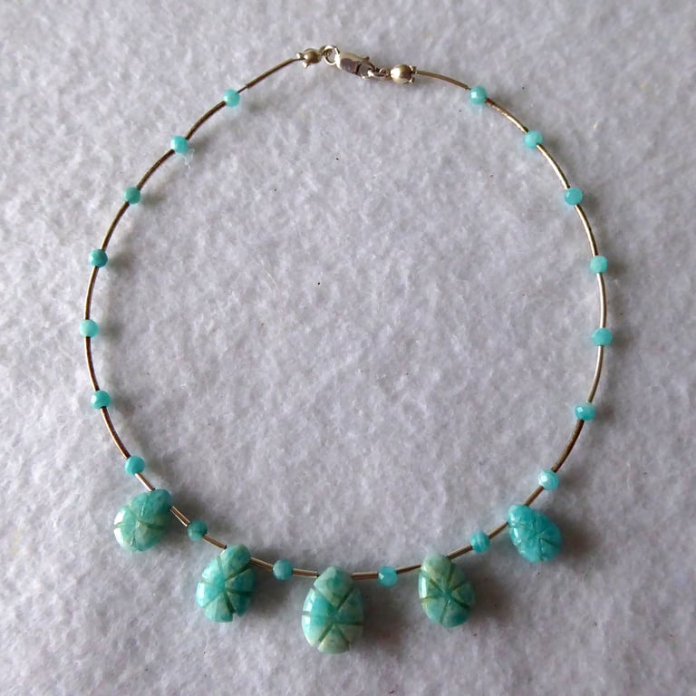 Amazonite Carved Teardrop and Sterling Silver Anklet