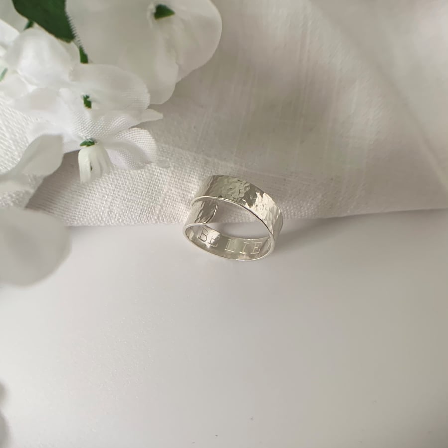 Eco Sterling Silver Hammered Wrap Ring Hand Stamped inside 'I BELIEVE IN YOU'