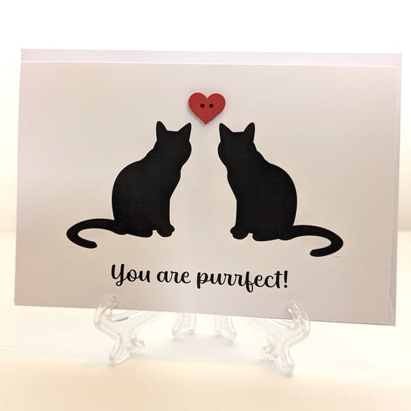 "You are purrfect" with cats and a red heart button greetings card 