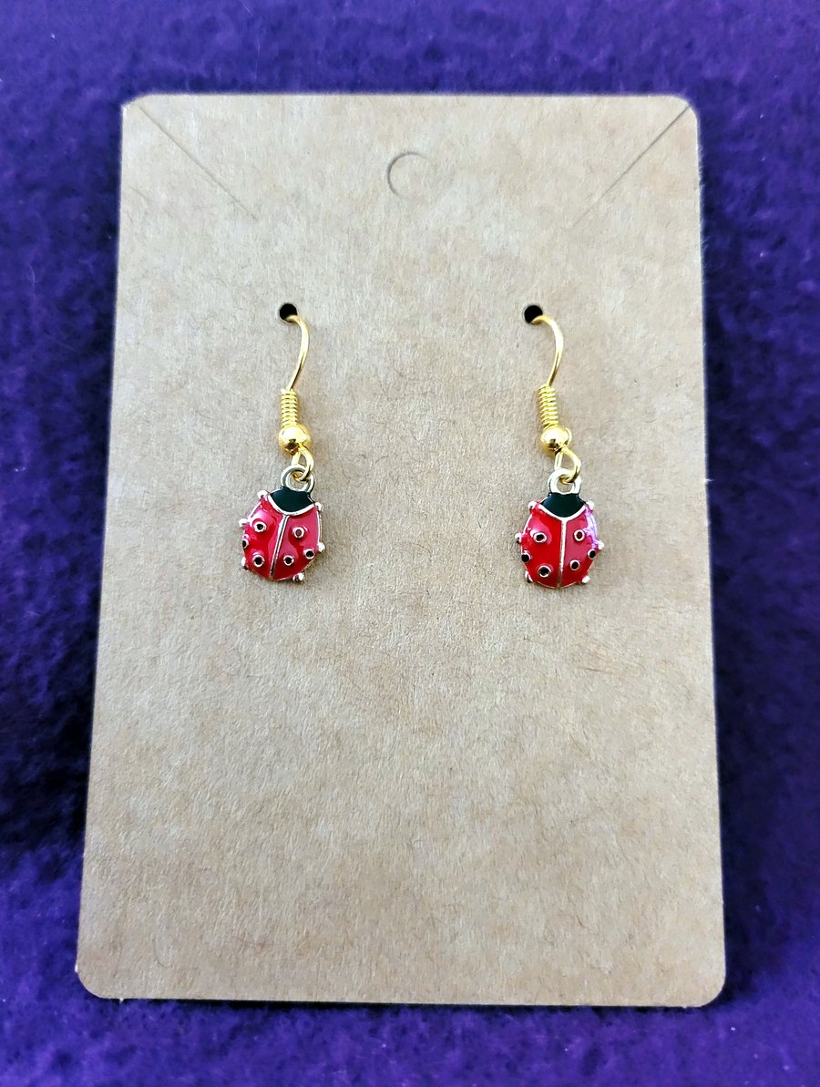 Cute Red Ladybug Charm Dangle Earrings on Gold Plated Earring Hooks