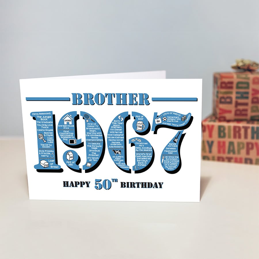 Happy 50th Birthday Brother Greetings Card - Year of Birth - Born in 1967 Facts