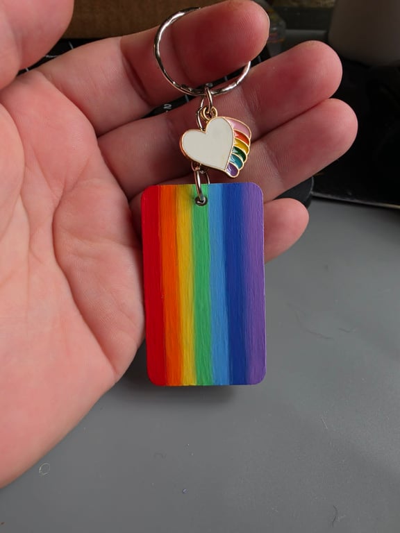 Rainbow Handmade Wooden Keyring with Rainbow Heart Charm