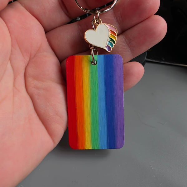 Rainbow Handmade Wooden Keyring with Rainbow Heart Charm