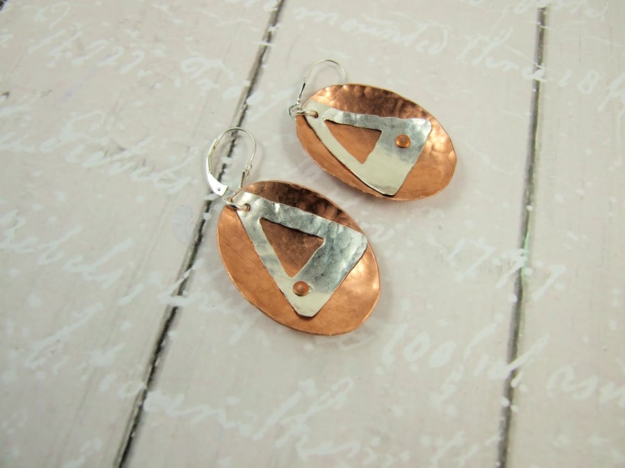 Silver Earrings, Copper Hammered Ovals with Sterling Silver Geometric Shape