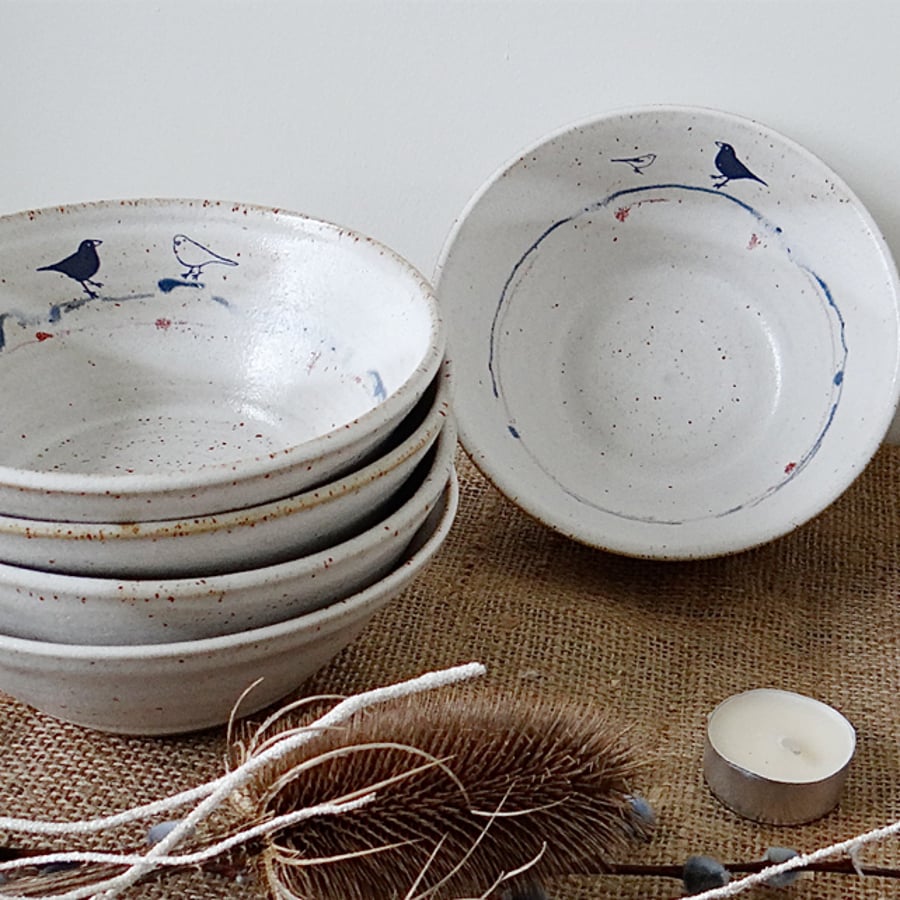 Rustic ceramic bowl with birds for breakfast lunch dinner - handmade pottery