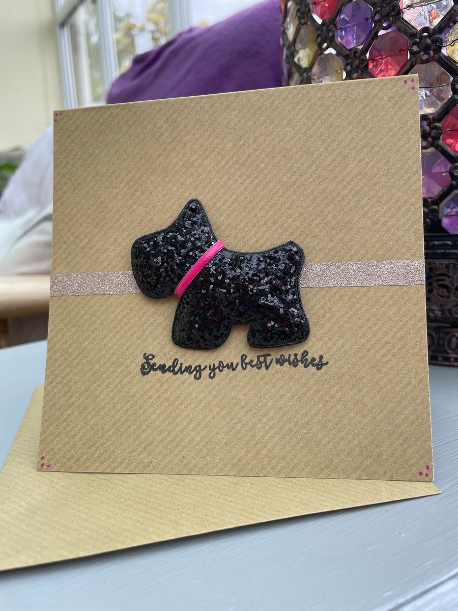 Luxury black glittered Scottie dog best wishes card
