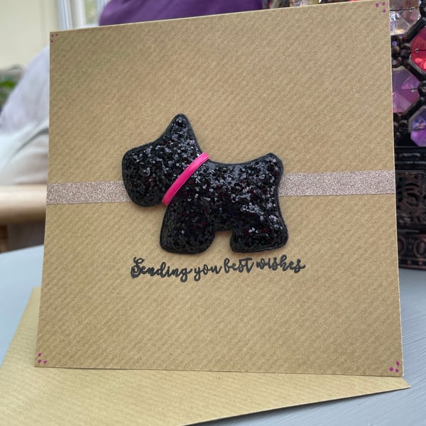 Luxury black glittered Scottie dog best wishes card