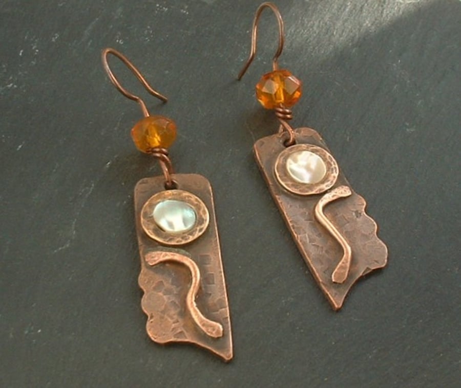 "Buttercups" Rustic Copper Flower Earrings with Vintage Amber Beads