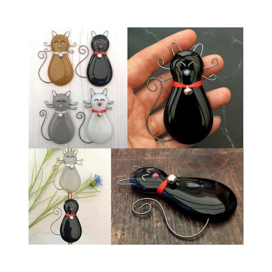 Handmade Fused Glass Cat Fridge Magnet With Cat Bell 