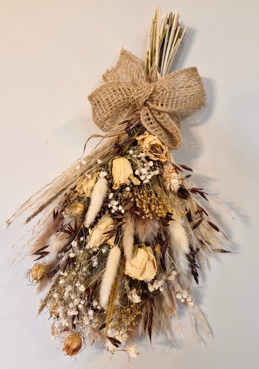 Dried Flower Bunch, Bouquet. Large, Cream Roses, Grasses. Hessian Bow . 50cm. 