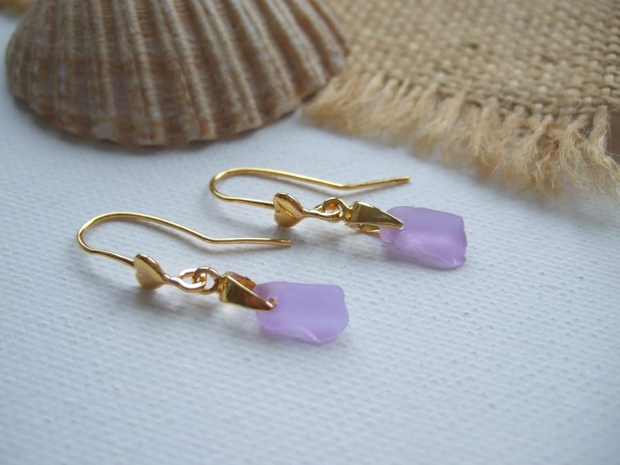 Purple sea glass earring, Neodymium beach heart studs, color changing, gold