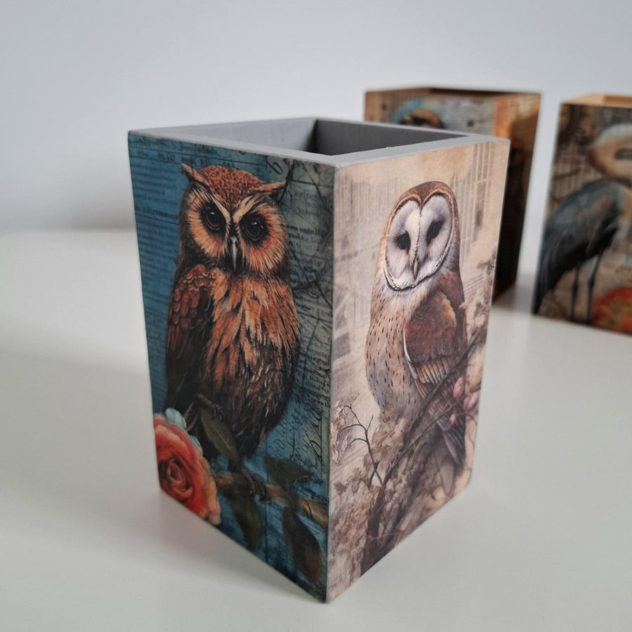Handmade Decoupaged Wooden Holder with Birds