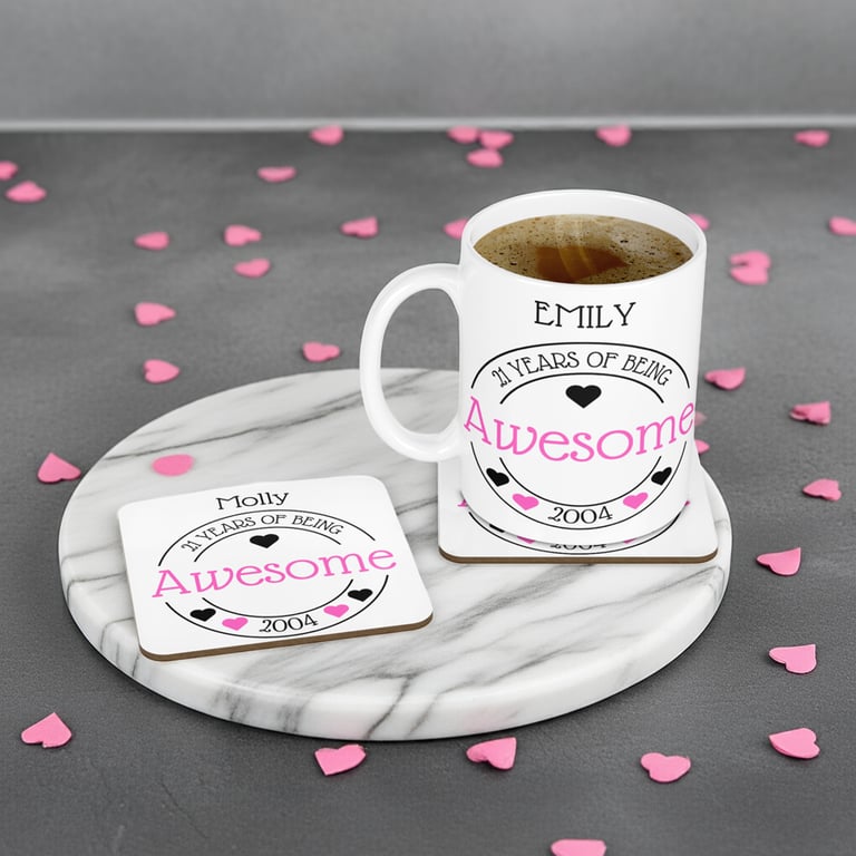 Personalised Mug & Coaster - Awesome Birthday Hearts Design