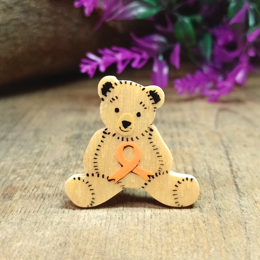 Leukaemia Awareness Bear Badge, Handmade Orange Ribbon Support Teddy Brooch