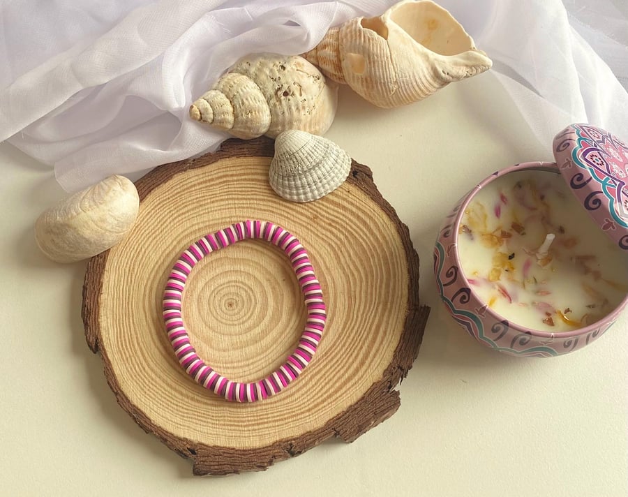 Purple Stripe Handmade Clay Bead Stretch Bracelet Colorful Charm Bracelet