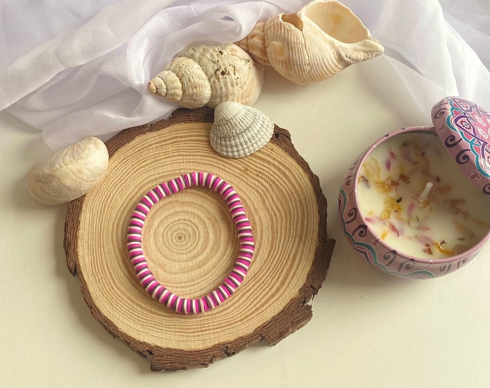 Purple Stripe Handmade Clay Bead Stretch Bracelet Colorful Charm Bracelet