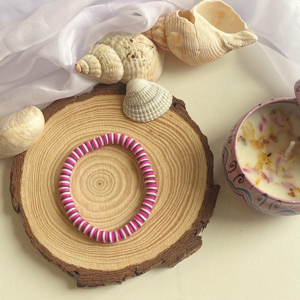 Purple Stripe Handmade Clay Bead Stretch Bracelet Colorful Charm Bracelet