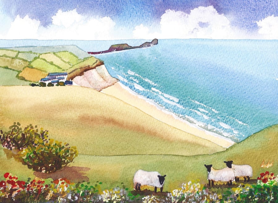 Gower Sheep, Rhossili Bay, South Wales, Watercolour Print in 14 x 11'' Mount