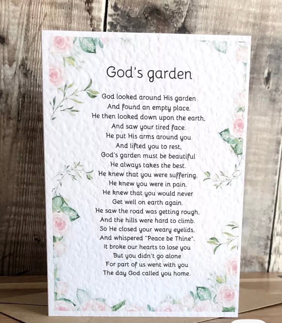 God’s garden poem card Christian sympathy blank inside 