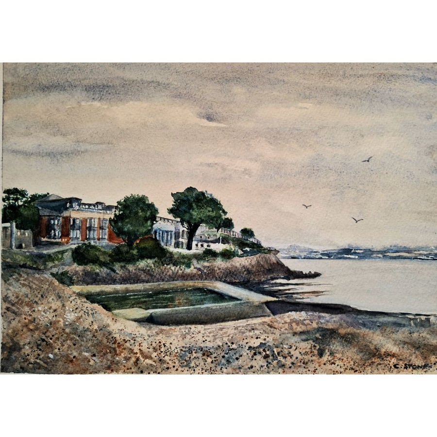 Firestione Bay Plymouth Devon Original Watercolour Painting Mounted