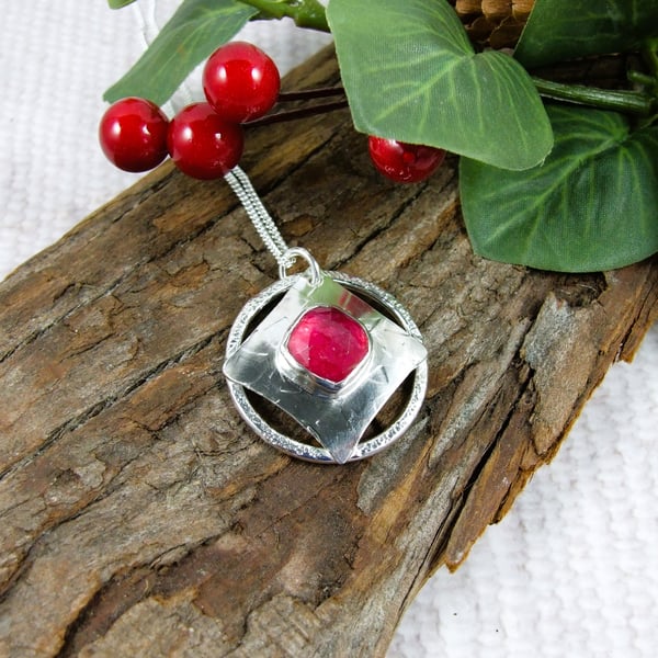 Necklace, Sterling Silver Geometric Pendant with Red Quartz