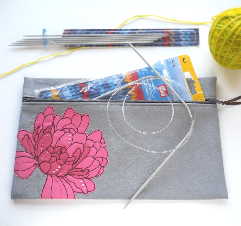 LARGE free motion & hand embroidered floral zip purse pouch case - rose pink