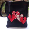 Handmade  Cotton Book Bag - lunch bag -  appliqued hearts - small tote . 