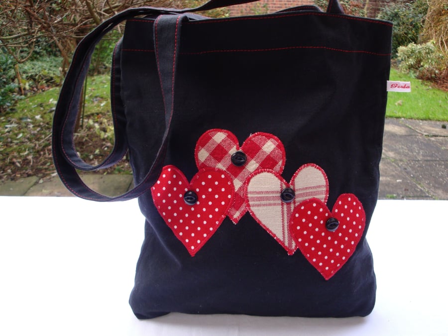 Handmade  Cotton Book Bag - lunch bag -  appliqued hearts - small tote . 
