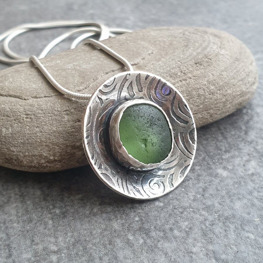Green sea glass pendant, Silver disc necklace, Spiral pattern