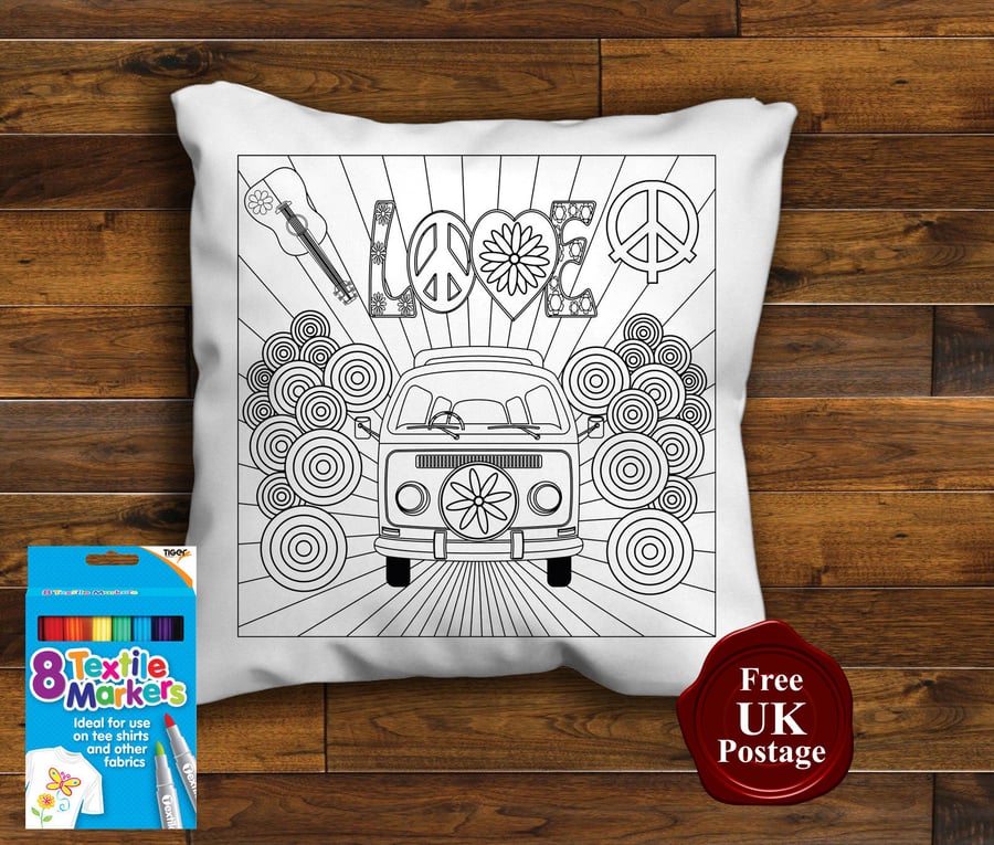 VW Bay Colouring Cushion Cover, With or Without Fabric Pens Choose Your Size