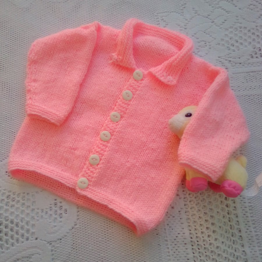 Knitted Pink Cardigan with Rosebud Decoration on Collar, Gift Ideas for Baby