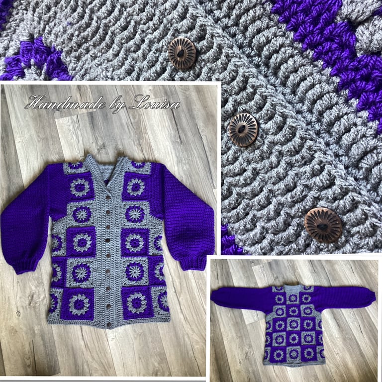 Granny square cardigan in purple and grey