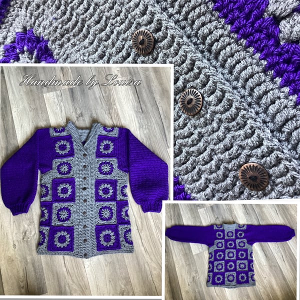 Granny square cardigan in purple and grey