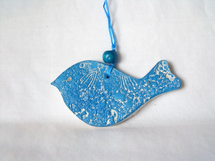 ceramic lace hanging bird decoration in blue