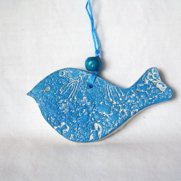 ceramic lace hanging bird decoration in blue
