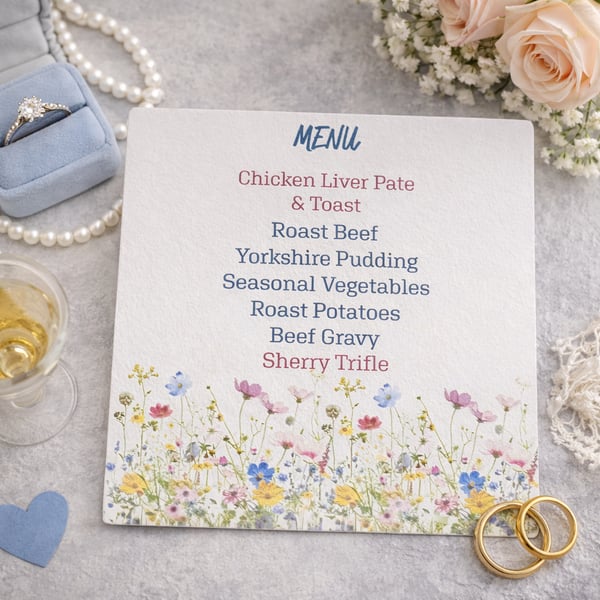 Wildflower Wedding Menu Card – Floral Table Stationery, Matching Set