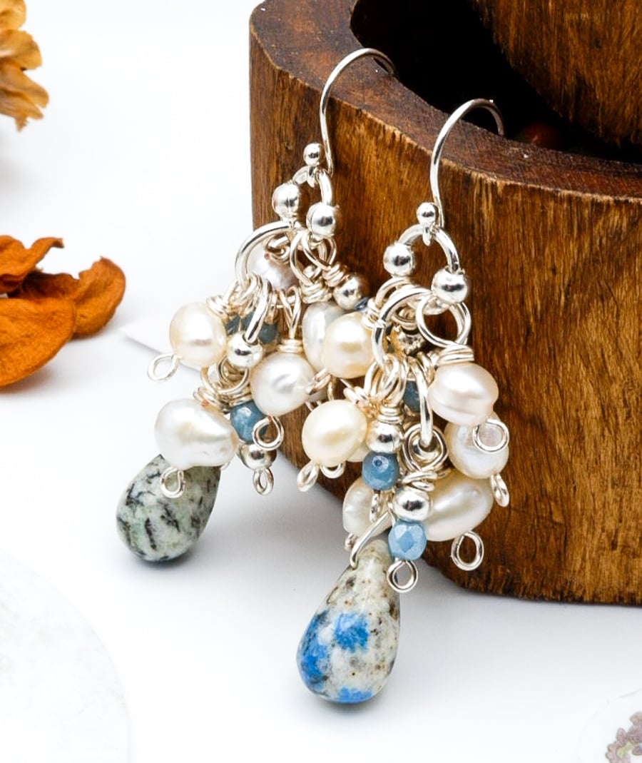 Pearl Earrings - Solid Silver Freshwater Pearl & Mottled Blue K2 Gemstone