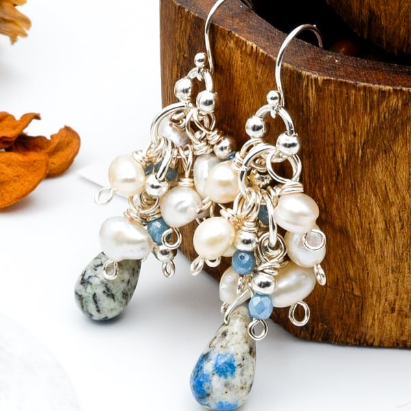 Pearl Earrings - Solid Silver Freshwater Pearl & Mottled Blue K2 Gemstone