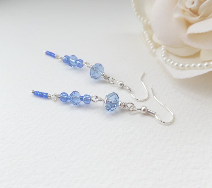Blue Silver Earrings, Medium Length Crystal Dangle Earrings