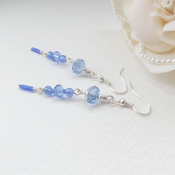 Blue Silver Earrings, Medium Length Crystal Dangle Earrings