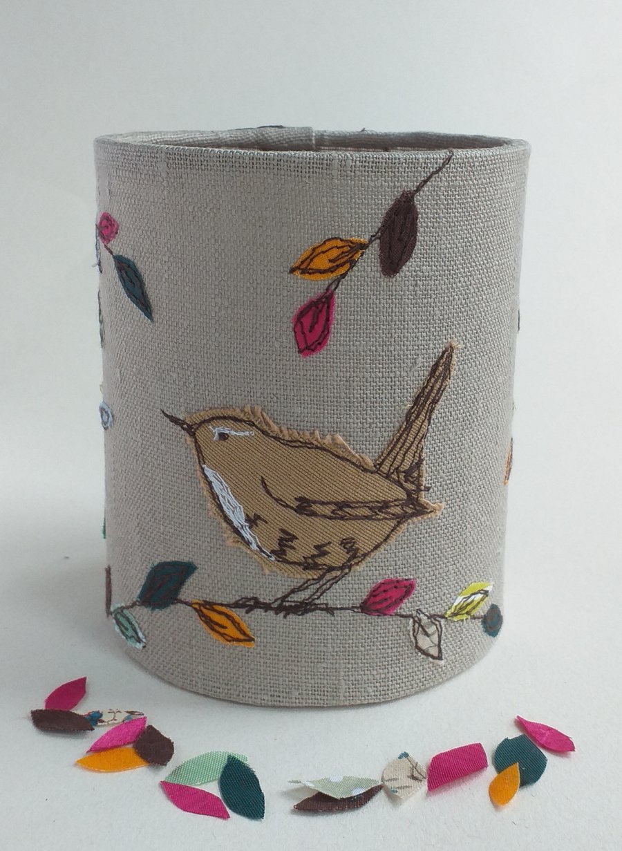 Wren Embroidered Lantern for Battery Tealight