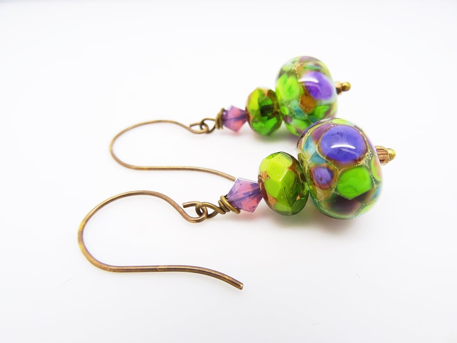 Handmade Lampwork Glass Earrings, Green Earrings,Purple earrings.