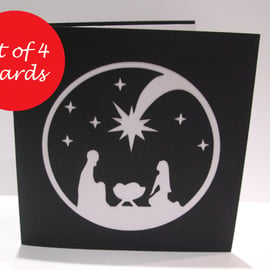 Pack of 4 Christmas Cards - Paper Cut Nativity Card - Religious Christmas Card