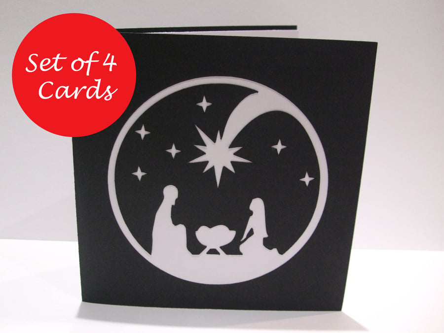 Pack of 4 Christmas Cards - Paper Cut Nativity Card - Religious Christmas Card