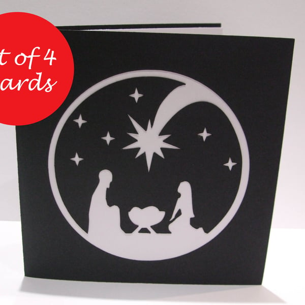 Pack of 4 Christmas Cards - Paper Cut Nativity Card - Religious Christmas Card