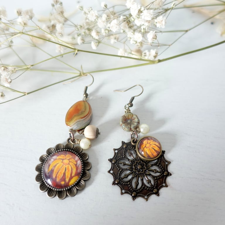 Asymmetrical Boho Style Earrings with Art Charms, Faux Pearls and Agate Stone