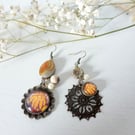 Asymmetrical Boho Style Earrings with Art Charms, Faux Pearls and Agate Stone