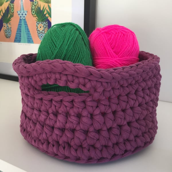 Crochet basket made with upcycled tshirt yarn - purple