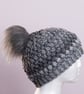 Hat and made crochet puff stitch with handmade faux fur detachable pompom grey - Image 3