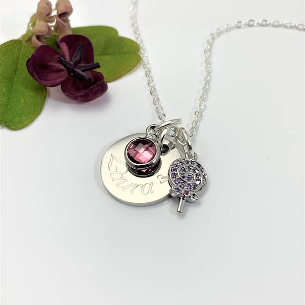 Personalised Necklace with Name Sweetie Lollipop Candy Cane Birthstone